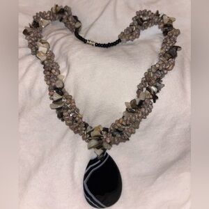 Elegant Black and Brown Beaded Seashell Strands Necklace with a Marble Agate